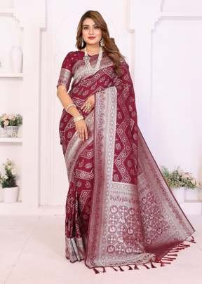 Aagaman Traditional Georgette Silk Leheriya Zari Weaving Saree Maroon Color
