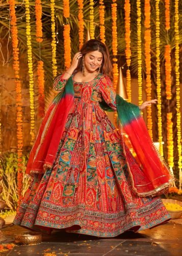 Aarika Luxe Pure Crepe Heavy Embroidered Gown With Micro Pant & Organza Digital Print Dupatta Red Color TD DN 6131