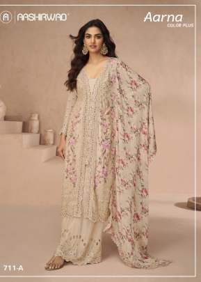  Aashirwad Creation Aarna Airtex Chinon With Embroidery Sequence And Multi Thread Work With Mirror Diamond Work Palazzo Suit Cream Color 
