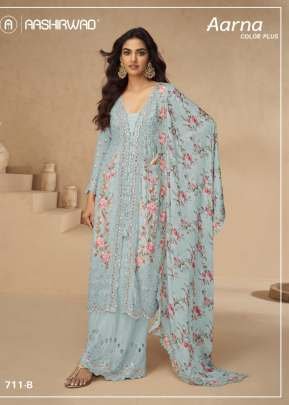  Aashirwad Creation Aarna Airtex Chinon With Embroidery Sequence And Multi Thread Work With Mirror Diamond Work Palazzo Suit Light Blue Color
