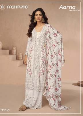  Aashirwad Creation Aarna Airtex Chinon With Embroidery Sequence And Multi Thread Work With Mirror Diamond Work Palazzo Suit Off White Color