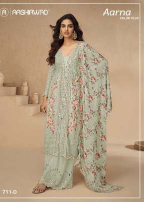  Aashirwad Creation Aarna Airtex Chinon With Embroidery Sequence And Multi Thread Work With Mirror Diamond Work Palazzo Suit Mint Green Color