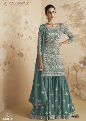 Aashirwad Creation Gulkand Elan Heavy Faux Georgette with Chain Stitch Work With Sequences Sharara Suit Cambridge Blue Color DN 9408
