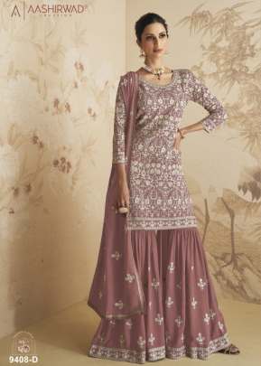 Aashirwad Creation Gulkand Elan Heavy Faux Georgette with Chain Stitch Work With Sequences Sharara Suit Peach Color DN 9408