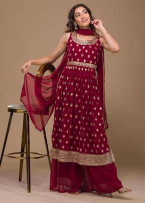 Aashirwad Creation Heavy Faux Georgette With Embroidery Work Nayra Cut Suit Maroon Color DN 5104