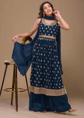 Aashirwad Creation Heavy Faux Georgette With Embroidery Work Nayra Cut Suit Blue Color DN 5104