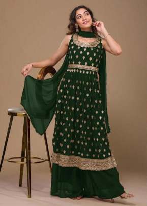Aashirwad Creation Heavy Faux Georgette With Embroidery Work Nayra Cut Suit Green Color DN 5104