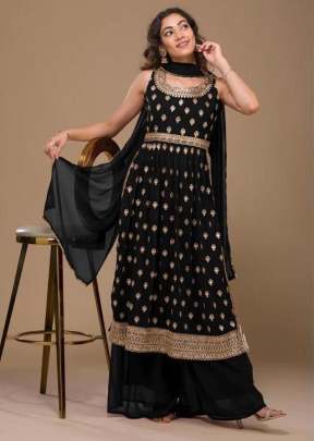 Aashirwad Creation Heavy Faux Georgette With Embroidery Work Nayra Cut Suit Black Color DN 5104