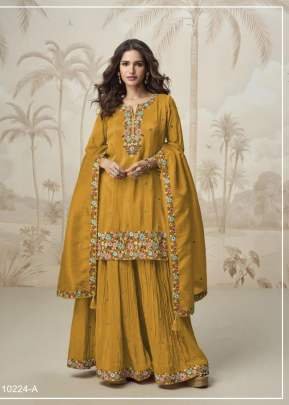 Aashirwad Creation Nagma Roman Simar With Embroidery Multi And Zarkhan Work Palazzo Suit Yellow Color DN 10224