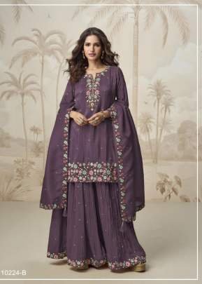 Aashirwad Creation Nagma Roman Simar With Embroidery Multi And Zarkhan Work Palazzo Suit Purple Color DN 10224