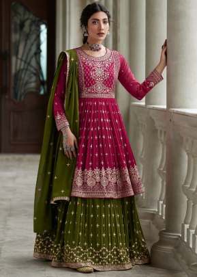 Aashirwad Creation Radhika Georgette With Embroidery Work Sharara Suit Pink And Mehndi Color DN 9428