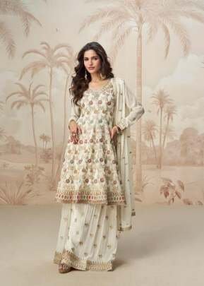 Aashirwad Creation Shivani Party Wear Sharara Suit Heavy Fox georgette With Embroidery And Sequence Work White Color DN 10218