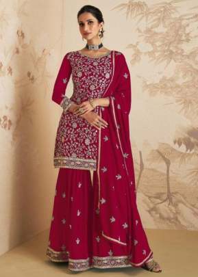 Aashirwad Gulkand Elan Heavy Blooming Georgette With Embroidery Work Sharara Suit Dark Pink Color DN 9409