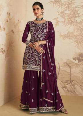 Aashirwad Gulkand Elan Heavy Blooming Georgette With Embroidery Work Sharara Suit Burgundy Wine Color DN 9409