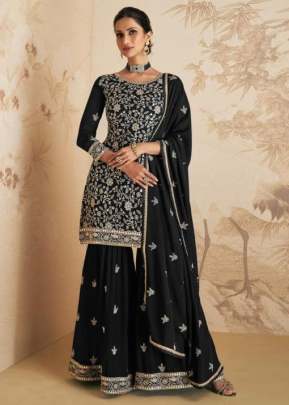 Aashirwad Gulkand Elan Heavy Blooming Georgette With Embroidery Work Sharara Suit Black Color DN 9409