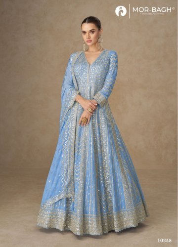 Aashirwad Mor Bagh Anarkali DN 10358 Premium Chinnon Silk With Heavy Embroidery Work Anarkali Gown Powder Blue Color
