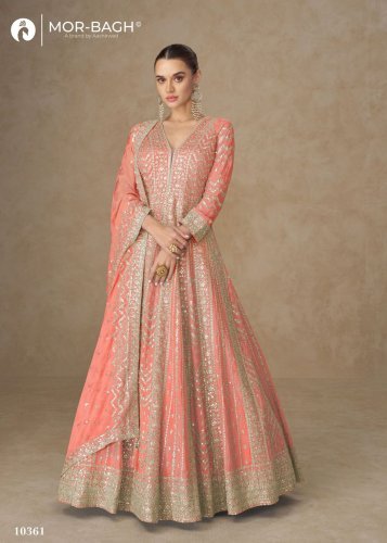 Aashirwad Mor Bagh Anarkali DN 10361 Premium Chinnon Silk With Heavy Embroidery Work Anarkali Gown Peach Color