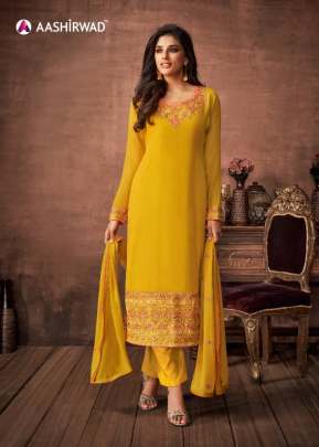 Aashirwad Nazakat Foux Georgette Designer Churidar Suit Yellow Color DN 7148