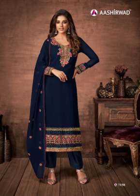 Aashirwad Nazakat Foux Georgette Designer Churidar Suit Nevy Blue Color DN 7150