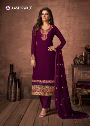 Aashirwad Nazakat Foux Georgette Designer Churidar Suit Wine Color DN 7151