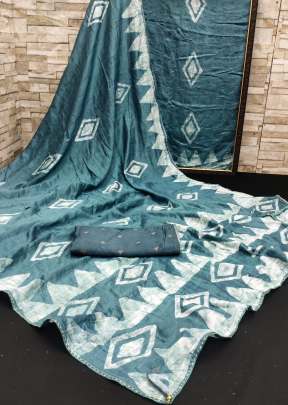 Anagha  Soft Pure Cotton With Beautiful Hand Batik Print Saree Sky Blue Color