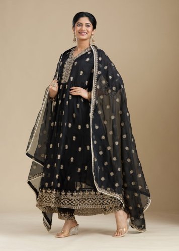 Anarkali Gown Pent Dupatta Set Heavy Fox Georgette With Embroidered Sequence And DN 4903 Black color 