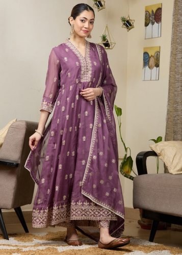 Anarkali Gown Pent Dupatta Set Heavy Fox Georgette With Embroidered Sequence And DN 4903 Dusty Purple color 