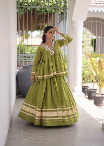 Designer Kora Cotton With Gota Patti And Real Mirror Work Lehenga Set Parrot Color LW DN 7175
