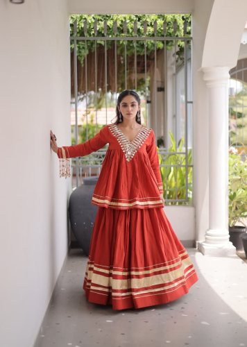 Designer Kora Cotton With Gota Patti And Real Mirror Work Lehenga Set Orange Color LW DN 7175