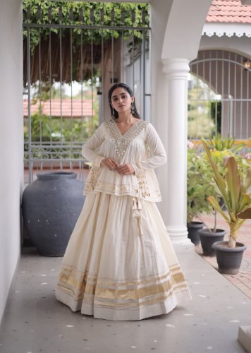 Designer Kora Cotton With Gota Patti And Real Mirror Work Lehenga Set Off White Color LW DN 7175