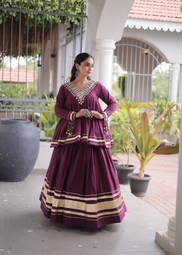 Designer Kora Cotton With Gota Patti And Real Mirror Work Lehenga Set Wine Color LW DN 7175
