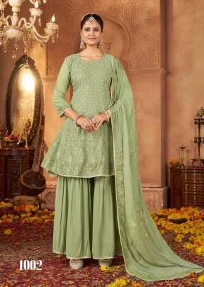Avaneesh Designer Sharara Suits For Festival Collection Real Georgette With Embroidery And Sequence Work Green Color DN 1002