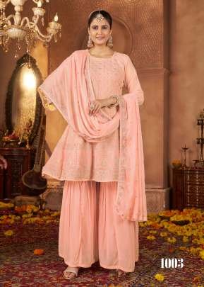 Avaneesh Designer Sharara Suits For Festival Collection Real Georgette With Embroidery And Sequence Work Peach Color DN 1003