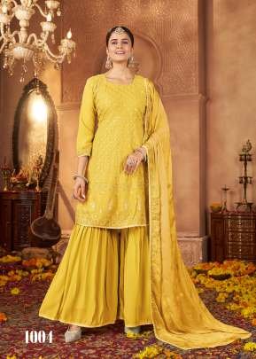 Avaneesh Designer Sharara Suits For Festival Collection Real Georgette With Embroidery And Sequence Work Yellow Color DN 1004