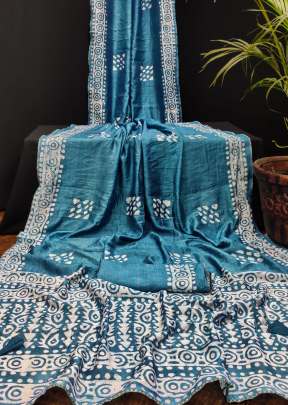 Ayudhi Soft Pure Cotton With Beautiful Hand Batik Print And Zari Work Saree Sky Blue Color