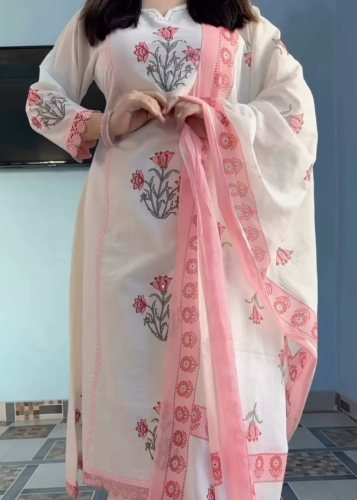  Balaji  Premium Jaipuri Taj Cotton Suit Set Full Hand Block Print With Handwork Buto Work Off-White Color