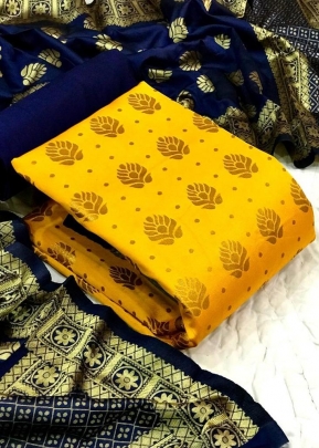 Banarasi Silk Summer Dress Material Yellow Color