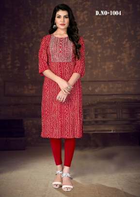 Bandhani Vol 1 Rayon Bandhani Print  With Embroidery Work Kurti Red Color DN 1004