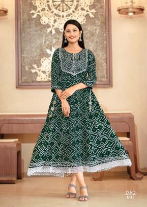 Bandhej Vol 10 Rayon Print With Embroidery Work Bandhani Kurti Green Color DN 01