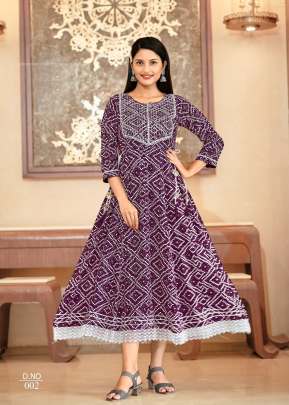 Bandhej Vol 10 Rayon Print With Embroidery Work Bandhani Kurti Wine Color DN 02