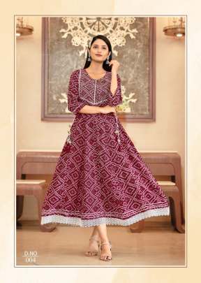 Bandhej Vol 10 Rayon Print With Embroidery Work Bandhani Kurti Maroon Color DN 04