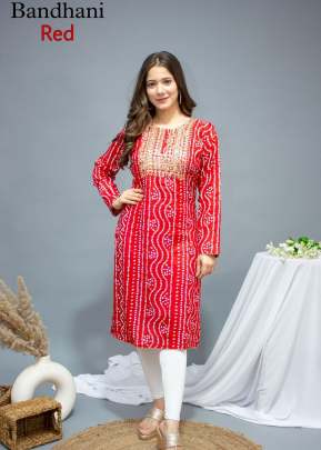 Bandhej Vol 2 Rayon Bandhani Print With Embroidery Work Bandhni Kurti Red Color 