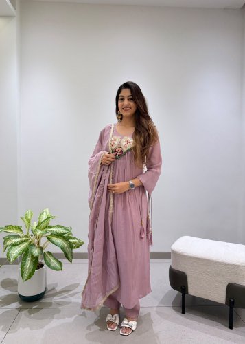 BeautIful And Hand Work  Outfit Mul Chanderi Anakali  Gown Dusty Lavender Color  LFH LG DN 2145