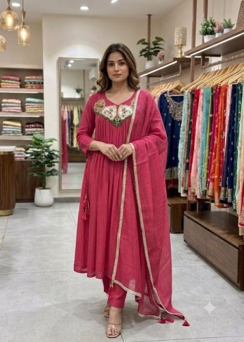 BeautIful And Hand Work  Outfit Mul Chanderi Anakali  Gown Magenta Pink Color  LFH LG DN 2145