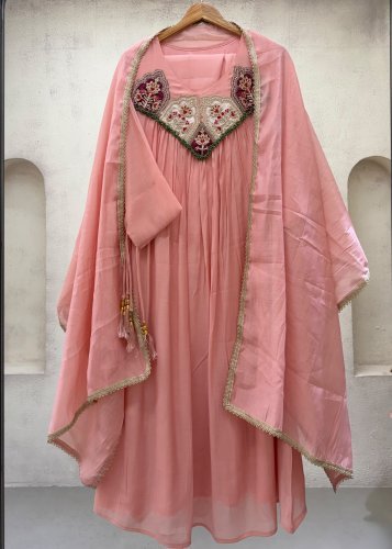 BeautIful And Hand Work  Outfit Mul Chanderi Anakali  Gown Peach Pink  Color  LFH LG DN 2145