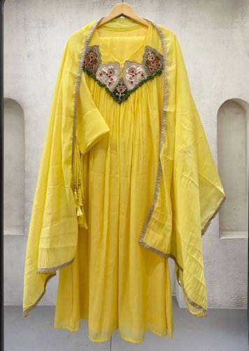 BeautIful And Hand Work  Outfit Mul Chanderi Anakali  Gown Yellow Color  LFH LG DN 2145