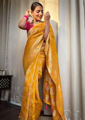 Beautiful Jacquard Weave Pure Banarasi Copper Zari Weaving  Silk Saree Yellow Color