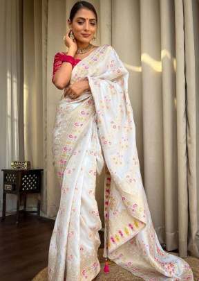 Beautiful Jacquard Weave Pure Banarasi Copper Zari Weaving  Silk Saree White Color