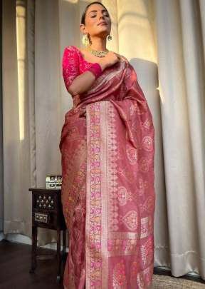 Beautiful Jacquard Weave Pure Banarasi Copper Zari Weaving  Silk Saree Red Pink Color