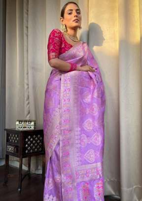 Beautiful Jacquard Weave Pure Banarasi Copper Zari Weaving  Silk Saree lavender Color